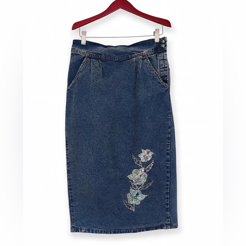 Vintage 90s PRET Denim Midi Skirt Acid Wash Floral Coastal Cowgirl-Med